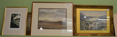 Lot 1137 - Print of Fountains Abbey and a watercolour, Namib Desert, Loutit, gilt framed print of...