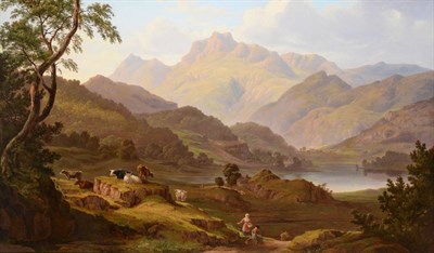 Lot 35 - Samuel Smith (fl.1830-1857)  "The Langdale Pikes overlooking Ellerwater "  Signed, oil on...