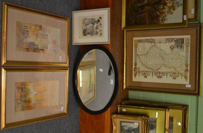 Lot 1144 - Two watercolours possibly York, a framed map of Durham, an etching and a mirror (5)