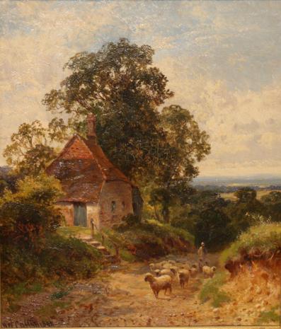 Lot 37 - Walter Wallon Caffyn (1854-1898)  "Nr. Coldharbour " - Shepherd droving sheep on a country lane...