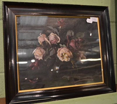 Lot 1162 - Attributed E H Rigg, study of roses, oil on canvas, artists label verso and note stating it as...