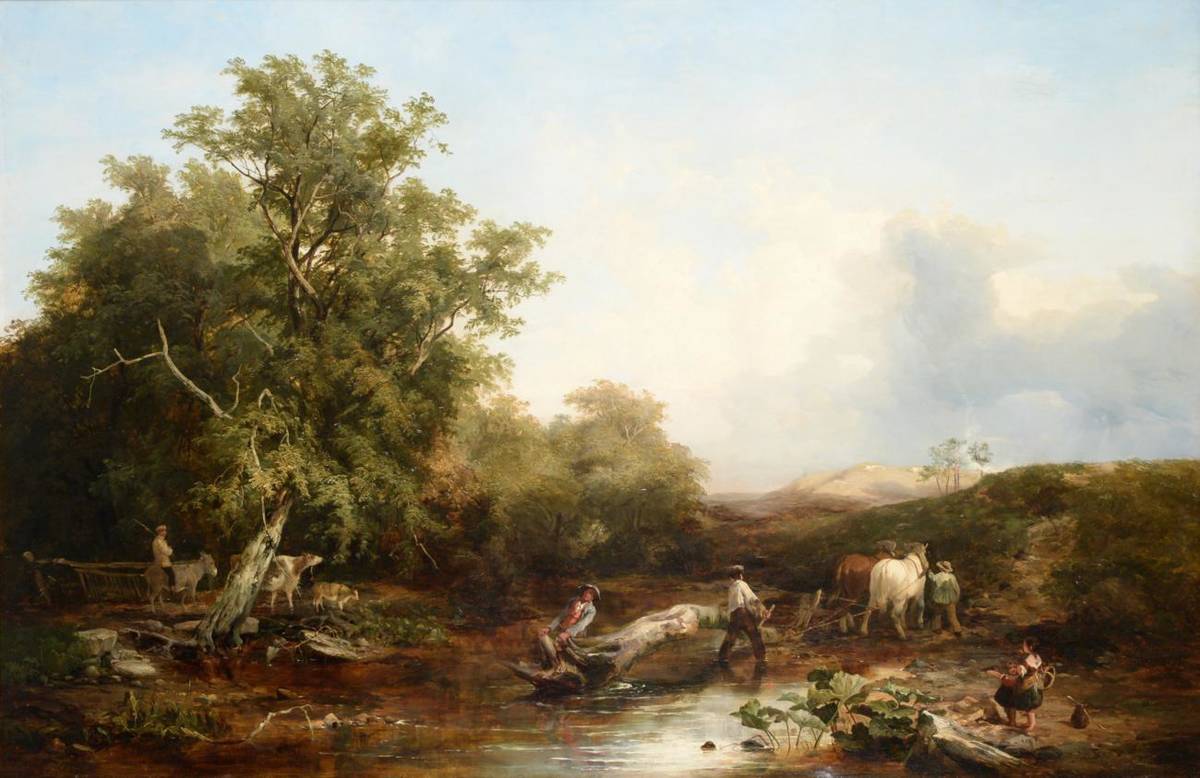 Lot 39 - English School (19th century)  Landscape with loggers crossing a river Oil on canvas, 94cm by 145cm