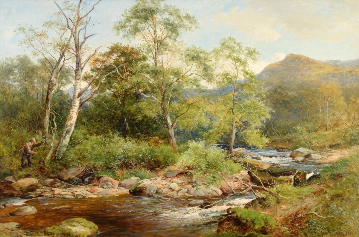 Lot 41 - David Bates (1868-1911) A fisherman beside a river in a mountainous landscape Signed and dated...