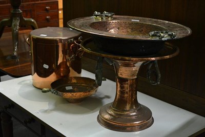 Lot 1195 - Large copper cooking pot and cover and three pieces of Eastern hammered copper