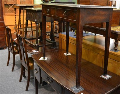 Lot 1199 - A George III mahogany side table, the moulded top above two frieze drawers, raised on square...