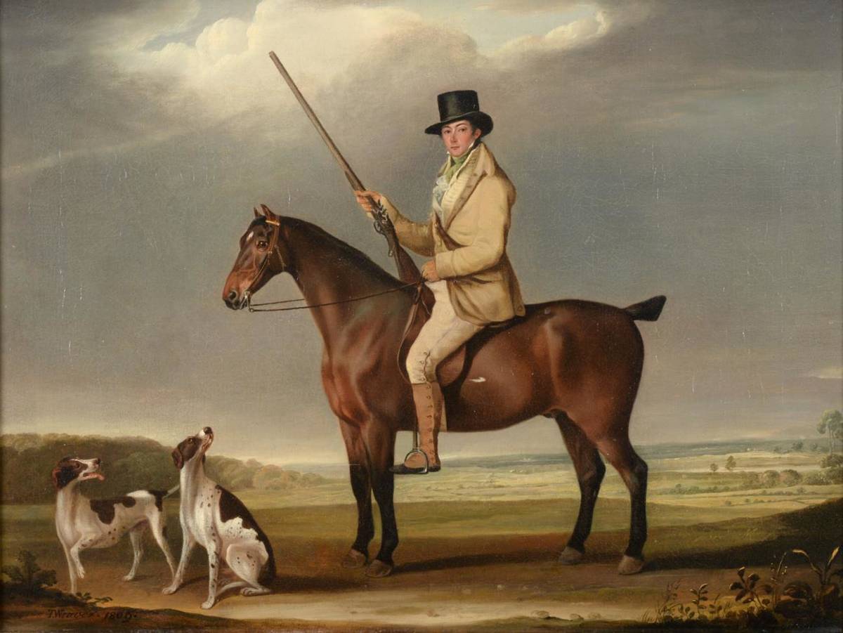 Lot 43 - Thomas Weaver (1774-1843)  Mr Corbett on a bay Hunter out shooting with two pointers in an...
