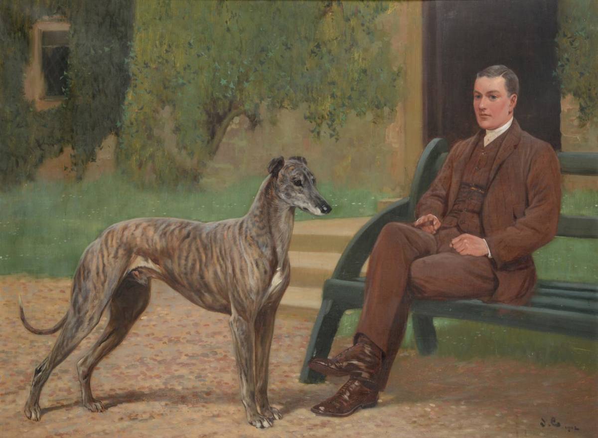 Lot 46 - John Charlton (1849-1917) Greyhound 'Fullerton' with his trainer and breeder E. Dent, Esq., outside