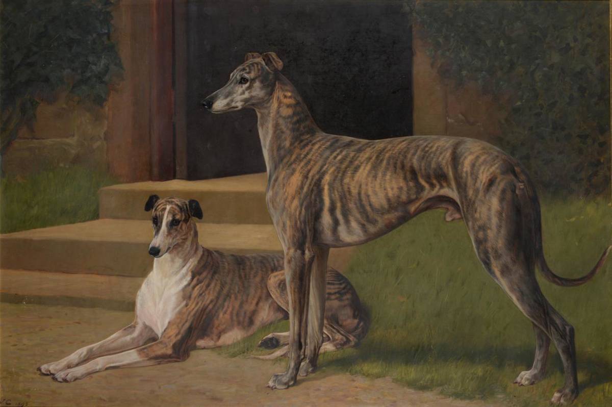 Lot 47 - John Charlton (1849-1917)  "Greyhounds 'Fullerton' and 'Bit of Fashion' outside Shortflatt...