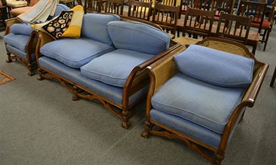 Lot 1246 - Three piece bergere suite with blue upholstery