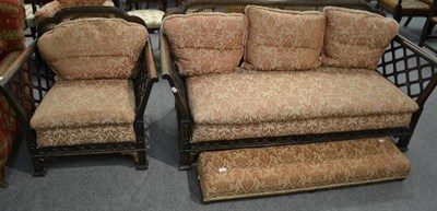 Lot 1248 - Late Victorian bergere sofa and matching chair with cockpen carving and long footstool, all...