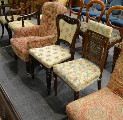 Lot 1251 - A modern floral upholstered button back armchair and two mahogany dining chairs