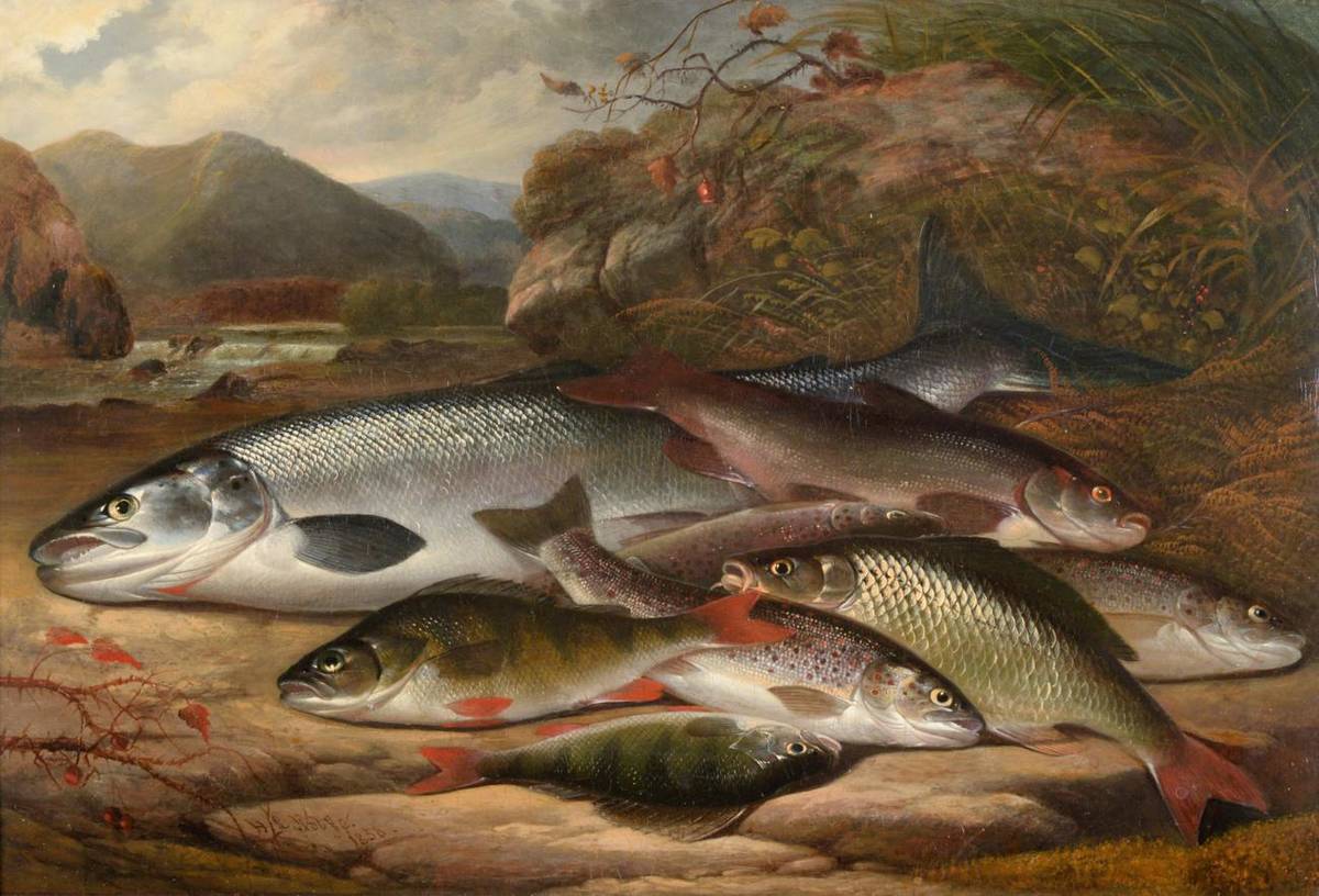 Lot 48 - Henry Leonidas Rolfe (fl.1847-1881) Salmon and trout catch on a riverbank  Signed, oil on...