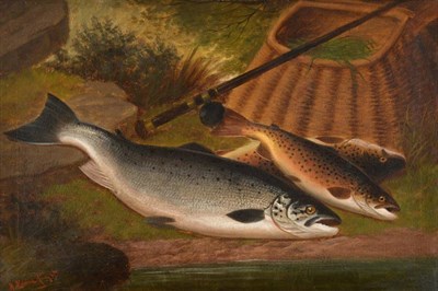 Lot 49 - A Roland Knight (fl.1810-1840) Trout on a bank  Signed, oil on canvas, 38.5cm by 58.5cm See...