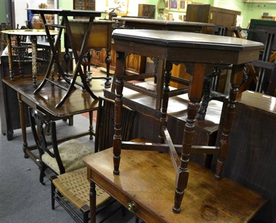 Lot 1272 - Edwardian walnut window table, two occasional chairs, folding coaching table and a brass top...