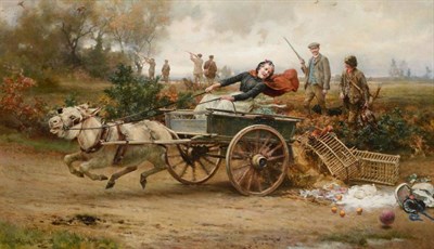 Lot 50 - Alfred William Strutt (1856-1924)  Cart spilling goods with a hunting party beyond  Signed, oil...