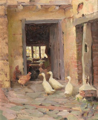 Lot 51 - Frederick (Fred) Hall (1860-1948) Intruders - Poultry at a farmhouse doorway  Signed, oil on board