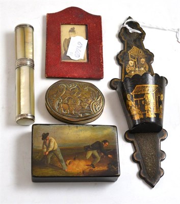 Lot 4 - Victorian papier mache snuff box and holder, brass snuff box, photograph frame and a...