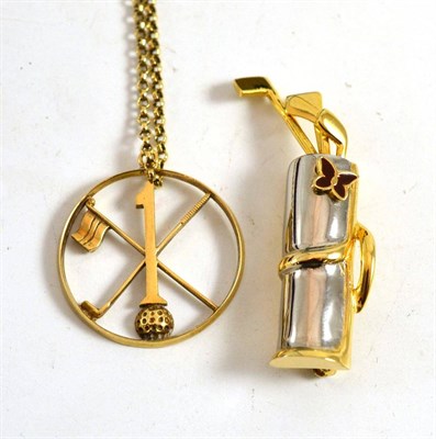 Lot 8 - A 9ct gold 'Hole in one' pendant on chain and a golf bag and clubs brooch