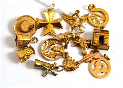Lot 14 - Fourteen charms, mainly gold, some stamped, some hallmarked including a Toby jug, a horse's head, a