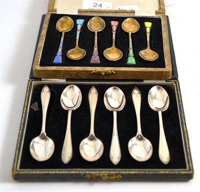 Lot 24 - A set of six silver and enamel coffee spoons and six silver teaspoons