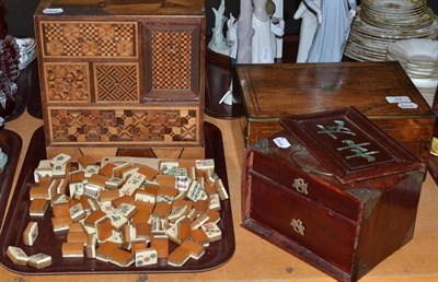 Lot 59 - A Japanese parquetry decorated small cabinet, Chad Valley Mahjong set and a rosewood hinged writing