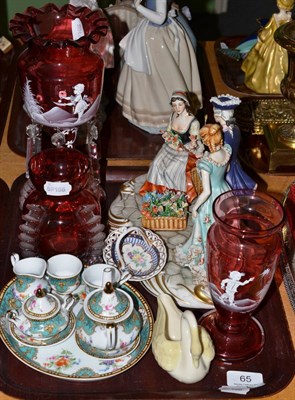 Lot 65 - A tray including Mary Gregory glass, Capodimonte figure group, a Belleek swan, miniature tea...