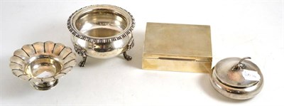 Lot 74 - A Mexican silver cauldron, a cigarette box, blush pot and cover and a footed bowl
