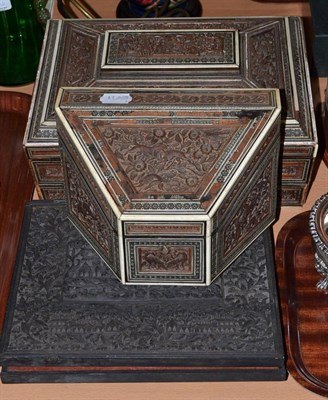 Lot 75 - Indian sandalwood work box, similar stationery box and carved wood folio