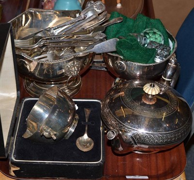 Lot 77 - Silver sugar basin and spoon (cased), plated teapot, two rose bowls and plated flatware