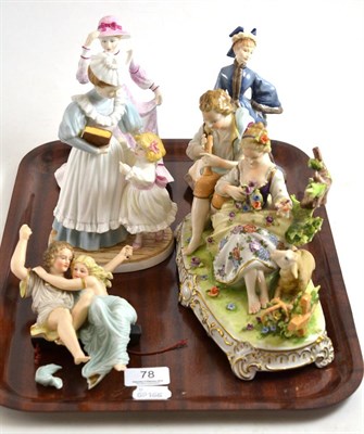 Lot 78 - A tray including Royal Worcester figures 'Winters Morn' and 'Governess and Child', Continental...