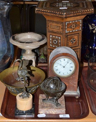 Lot 80 - Edwardian inlaid mahogany clock, hardstone inlaid urn, small globe, inlaid Eastern table etc