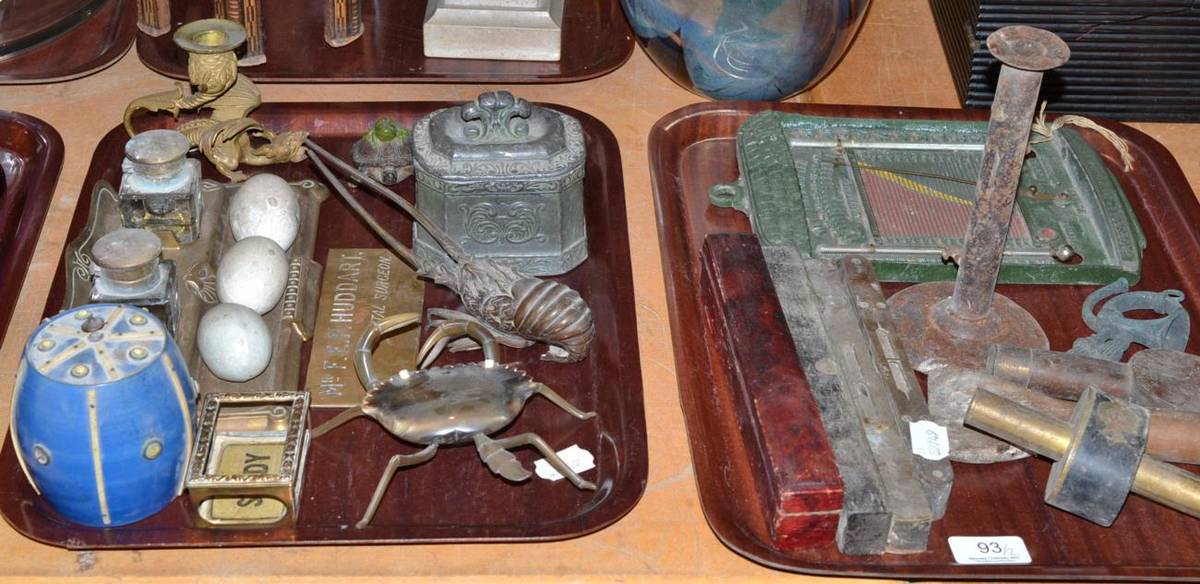 Lot 93 - Two trays of levels, lead tobacco box, inkstand, eggs, Wet thermometer etc