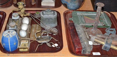 Lot 93 - Two trays of levels, lead tobacco box, inkstand, eggs, Wet thermometer etc