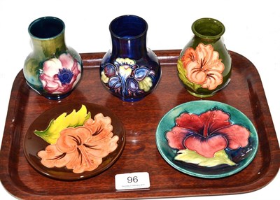 Lot 96 - Five pieces of modern Moorcroft including three vases and two plates