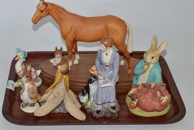 Lot 97 - A tray including a Beswick horse, Royal Albert Beatrix Potter figures, Border Fine Arts etc