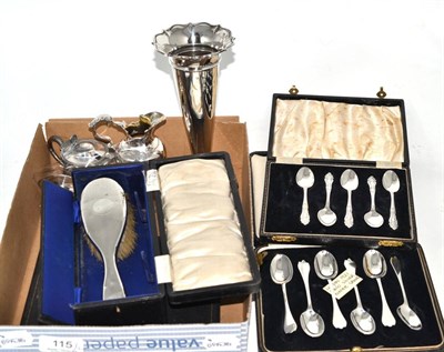 Lot 115 - Quantity of assorted silver plate, circular tray, three cases of teaspoons, silver vase, silver...