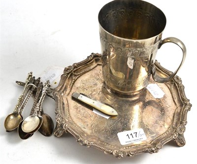 Lot 117 - Silver apostle spoons, silver fruit knife, plated salver and an Indian white metal beaker