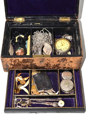 Lot 123 - Victorian jewellery case containing plated chatelaine, silver cased watches, jet necklace,...
