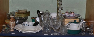 Lot 127 - A shelf including Victorian silver jug, caddy spoon, brass candlestick, satsuma vase, assorted...