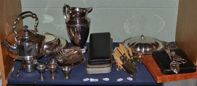 Lot 128 - A collection of silver plate including a large jug, spirit kettle, plated flatware, tureen, pierced