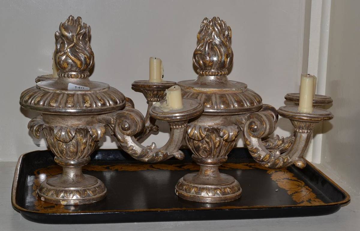 Lot 140 - Black and gilt tray and pair of silvered candelabra