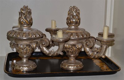 Lot 140 - Black and gilt tray and pair of silvered candelabra