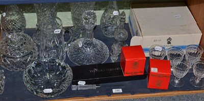 Lot 148 - A shelf of cut crystal and glassware including decanters, stem glasses, etc
