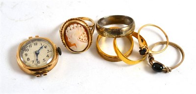 Lot 159 - Gold-cased lady's wristwatch and a small group of gold rings