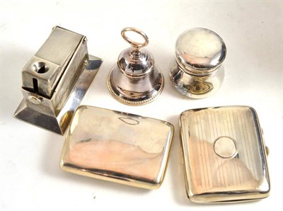 Lot 165 - Two silver cigarette cases, silver bell and a silver cigar cutter