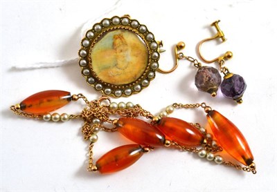 Lot 178 - A pearl set brooch, amethyst earrings and a Cornelian necklace