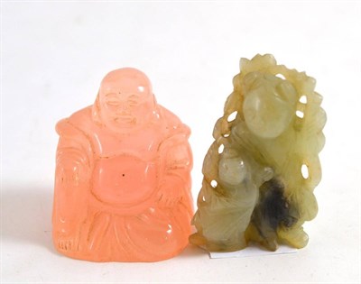 Lot 179 - Jade carved figure of a woman and attendant, together with a plastic model of Buddha