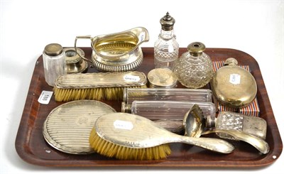 Lot 188 - Assorted silver wares including spirit flask, dressing table wares, cream jug, etc