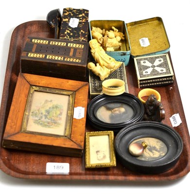 Lot 189 - Assorted Japanese ivory carvings (circa 1920), tortoiseshell and other boxes, miniatures,...