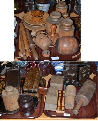 Lot 190 - Three trays of treen including assorted moulds, Art Nouveau penwork photograph frame, etc